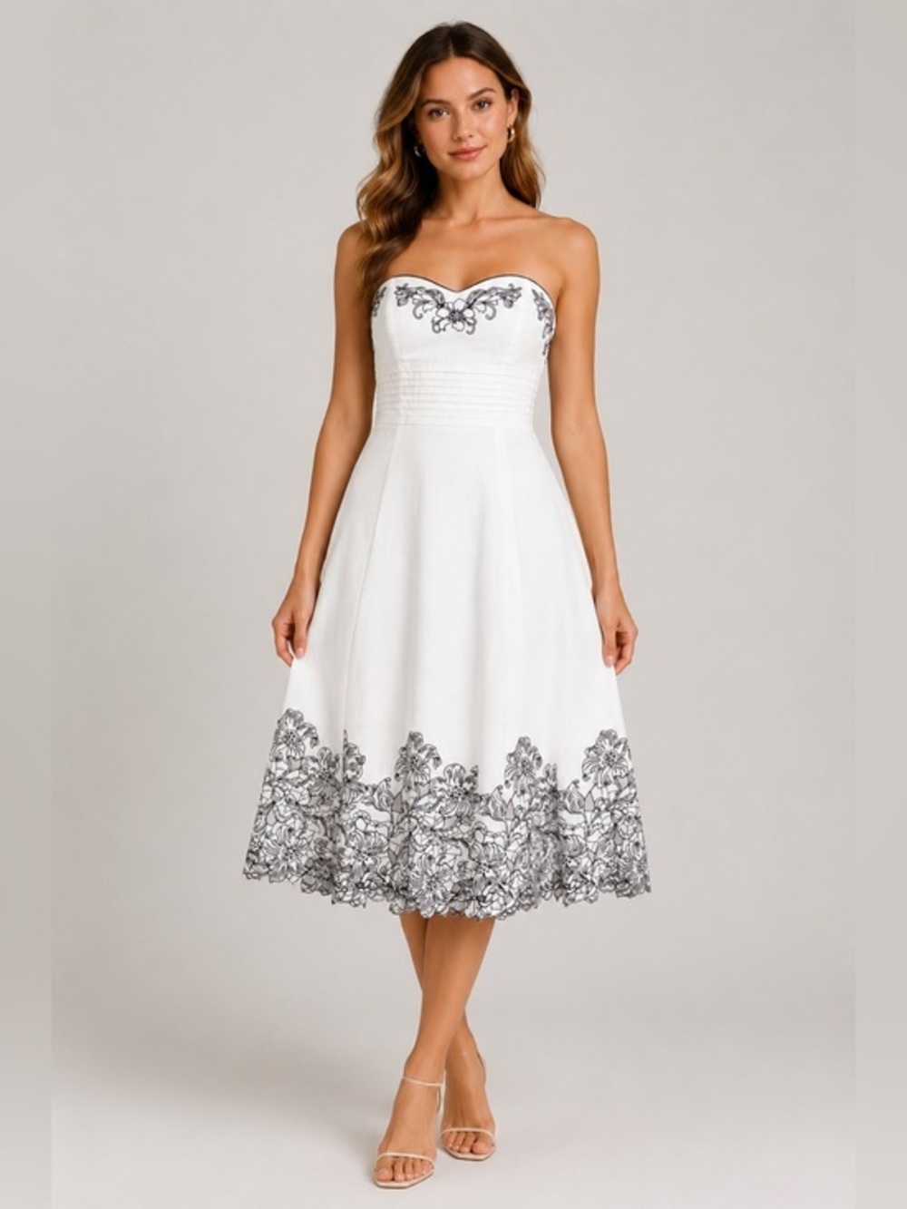 White House Black Market Strapless Embroidered Floral Midi Fit Flare Dress 8 NEW